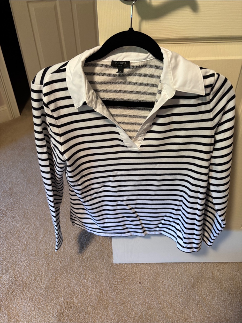 Talbots White and Black Striped Long-Sleeve Polo Tee